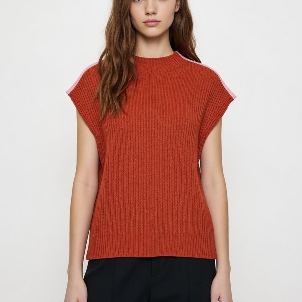 Maeve by Anthropologie Women XS‎ Orange Ribbed Knit Sweater Vest Pink Stripe